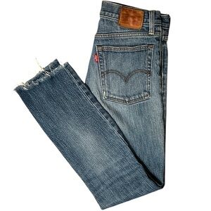 Levis Jeans Womens 27 Blue Denim White Oak Cone Denim Raw Hem Button Fly